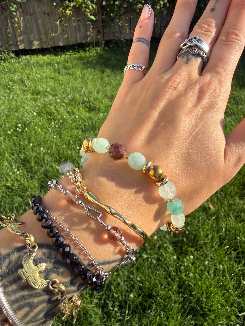 Designer #3 Amazonite Faceted Stretch Bracelet with Gold stainless steel accents - Picture 3 of 5
